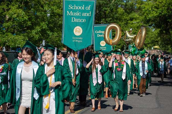 Graduates following their school and college banners in the Duck Grad Parade