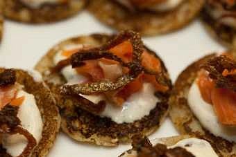 Smoked steelhead with crème fraîche on a camas bulb pancake.