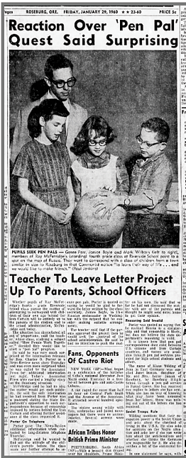 Clipping from a newspaper debating Roseburg's pen pal program