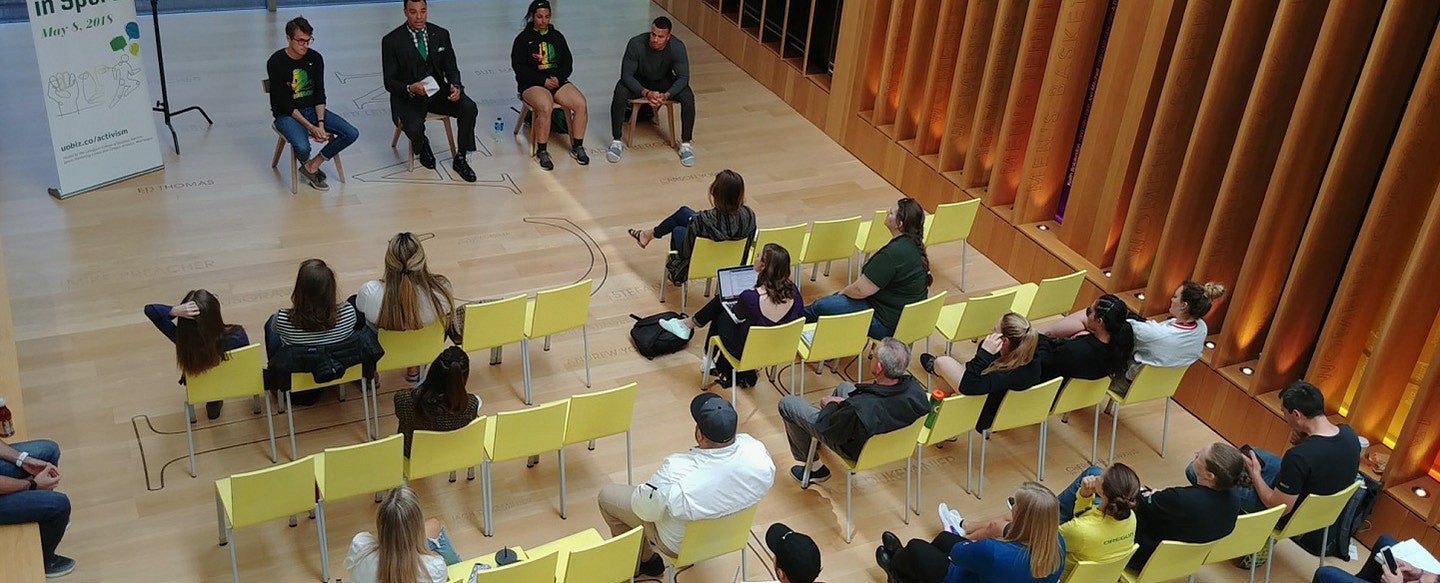 Discussion in the Jaqua building 