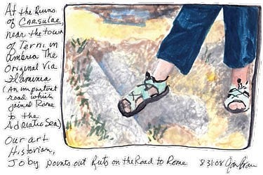 Jan Brown sketched the feet of fellow student Joby Patterson, an art historian and research associate in the UO's art history department, on the original Via Flaminia, the ancient road linking Rome to the Adriatic Sea. 