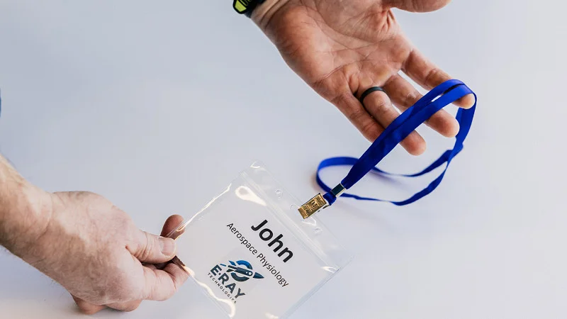 Nametag for an employee of a fictional aerospace company