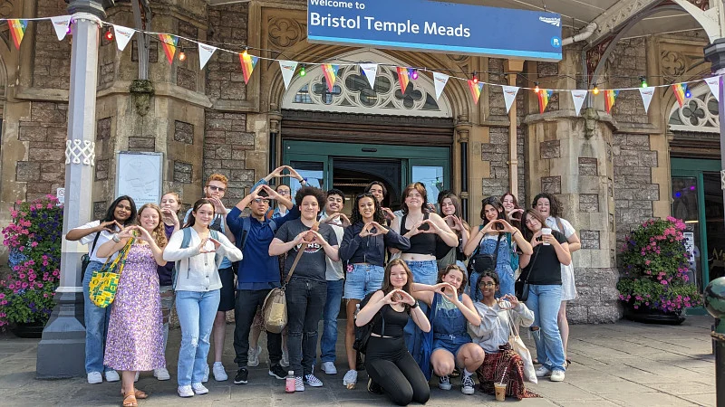 Study abroad students outside the Bristol train station