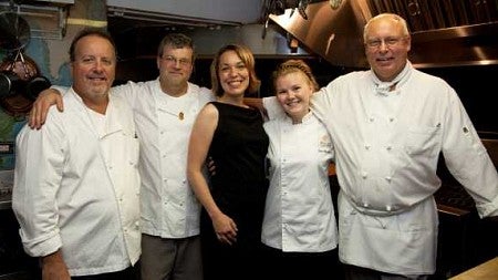 The team (left to right) of Steve Morton, Matt Bennett, Janel Bennett, Irina Shalashova, and John Jarschke pose in the Beard House kitchen.