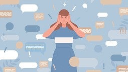 Illustration of woman covering ears surrounded by dialouge bubbles