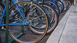 A row of bicycle wheels