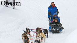 Jerry Scdoris runs a team of sled dogs through a snowy forest at Mount Bachelor. Photograph courtesy Jay Mather Photography
