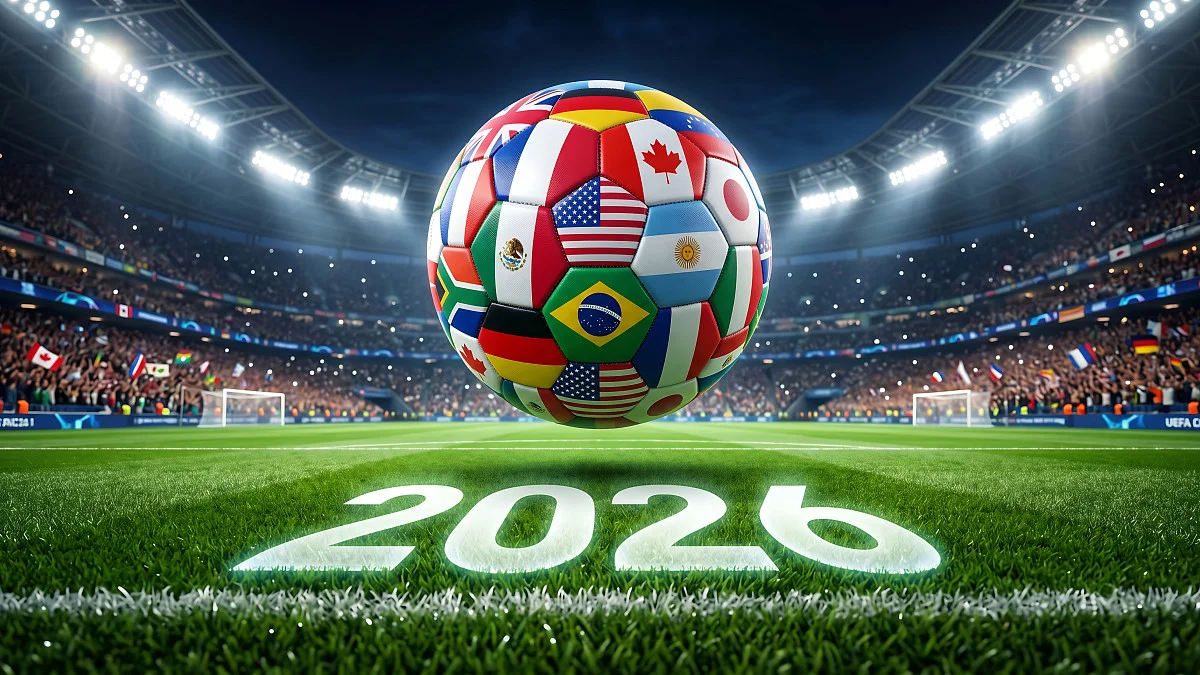 World Cup soccer ball with country flags hovers above a field