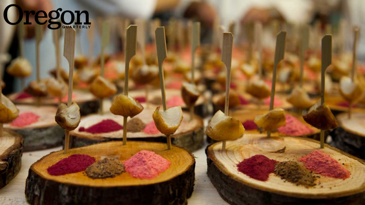 The middle dipping powder for chef Matt Bennett's "deconstructed pemmican" began as elk sirloin, which he dried and ground in a coffee grinder; beside it on the hawthorn slab are raspberry and strawberry powders from Oregon Freeze Day in Albany.