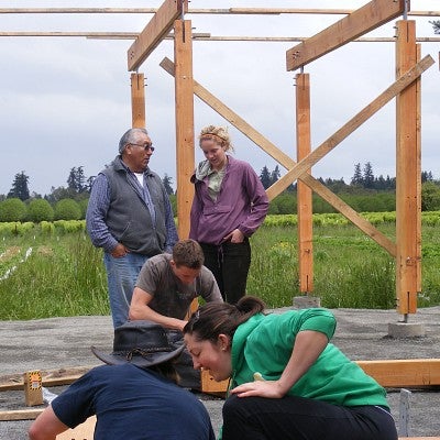 Farmer Alberto Astuhuaman (in vest) watches UO designBridge students work on Huerto de la Familia's multipurpose structure. Photograph courtesy Huerto de la Familia