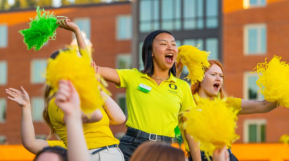 Orientation leaders with pom-poms