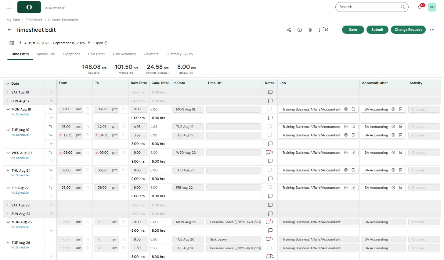 Picture of UKG Ready timesheet