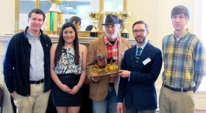 Preston Crumbly, Jonathan Hawthorne, and Ashley Robles from the UO class, with Tim Mueller, secretary and treasurer for KindTree and Derek Nickleson, a Wells Fargo private banker in Eugene. Preston Crumbly, Jonathan Hawthorne, and Ashley Robles from the UO class, with T