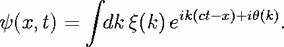           integral 
                    ik(ct-x)+ih(k)
y(x, t) =   dk q(k)e            .
