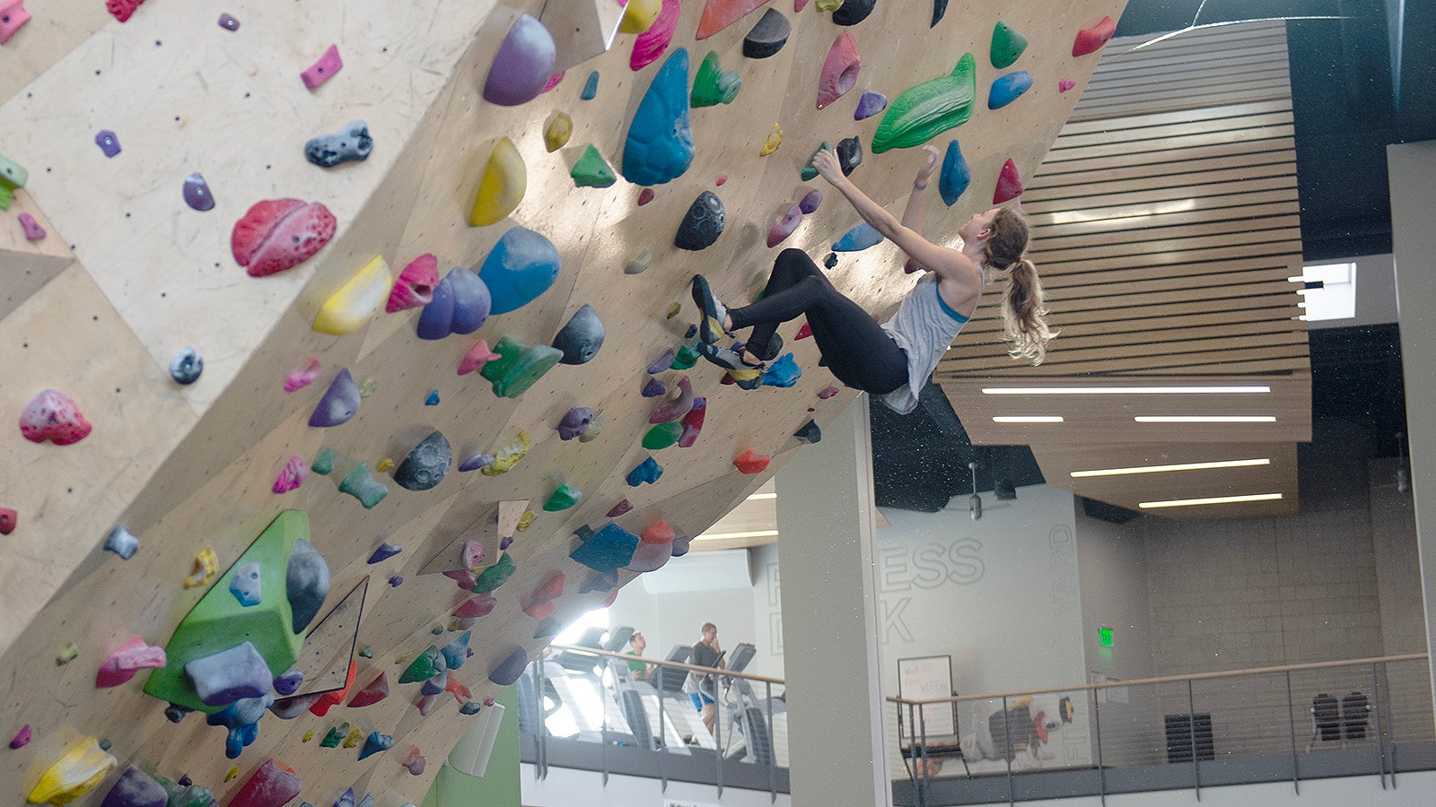 Woman with her hair in a ponytail climbs a high bouldering wall