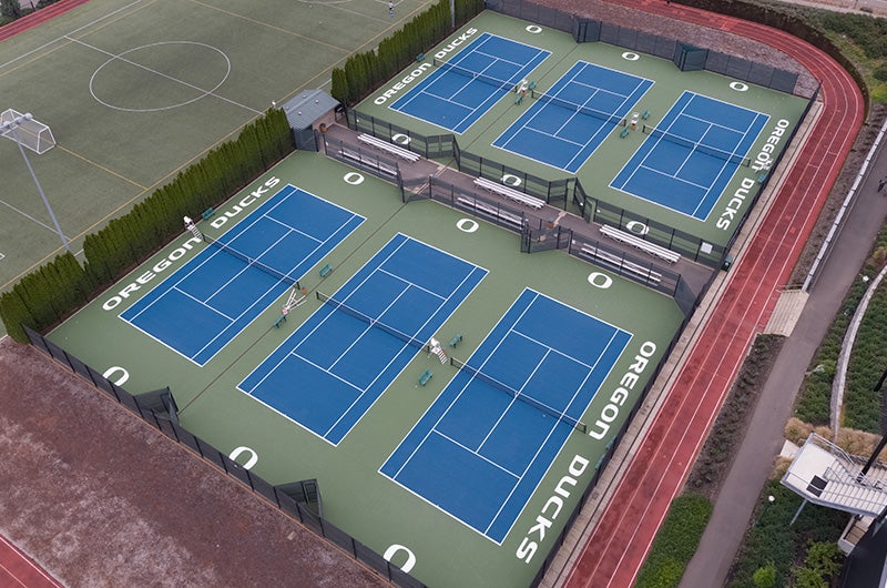 Aerial photo of outdoor tennis courts.