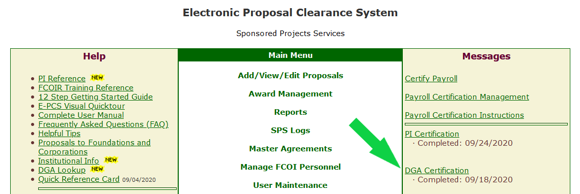 E P C S portal with an arrow pointing to the D G A certification link.