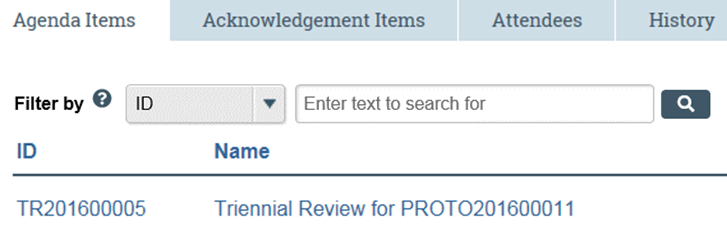 Screenshot of the agenda items tab in RAP.