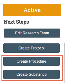 Screenshot of RAP workspace showing the Create Procedure and Create Substance buttons