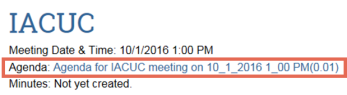Screenshot of the link to the IACUC meeting agenda in the meeting workspace in RAP.