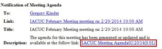 Screenshot of the IACUC meeting agenda email with the meeting agenda link highlighted in RAP.