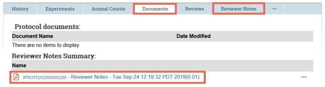 Screenshot of the location of the reviewer notes summary.