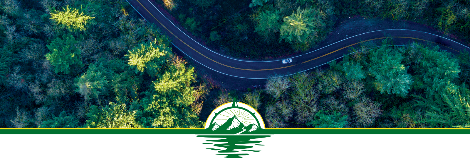 Aerial view of a road surrounded by green trees.