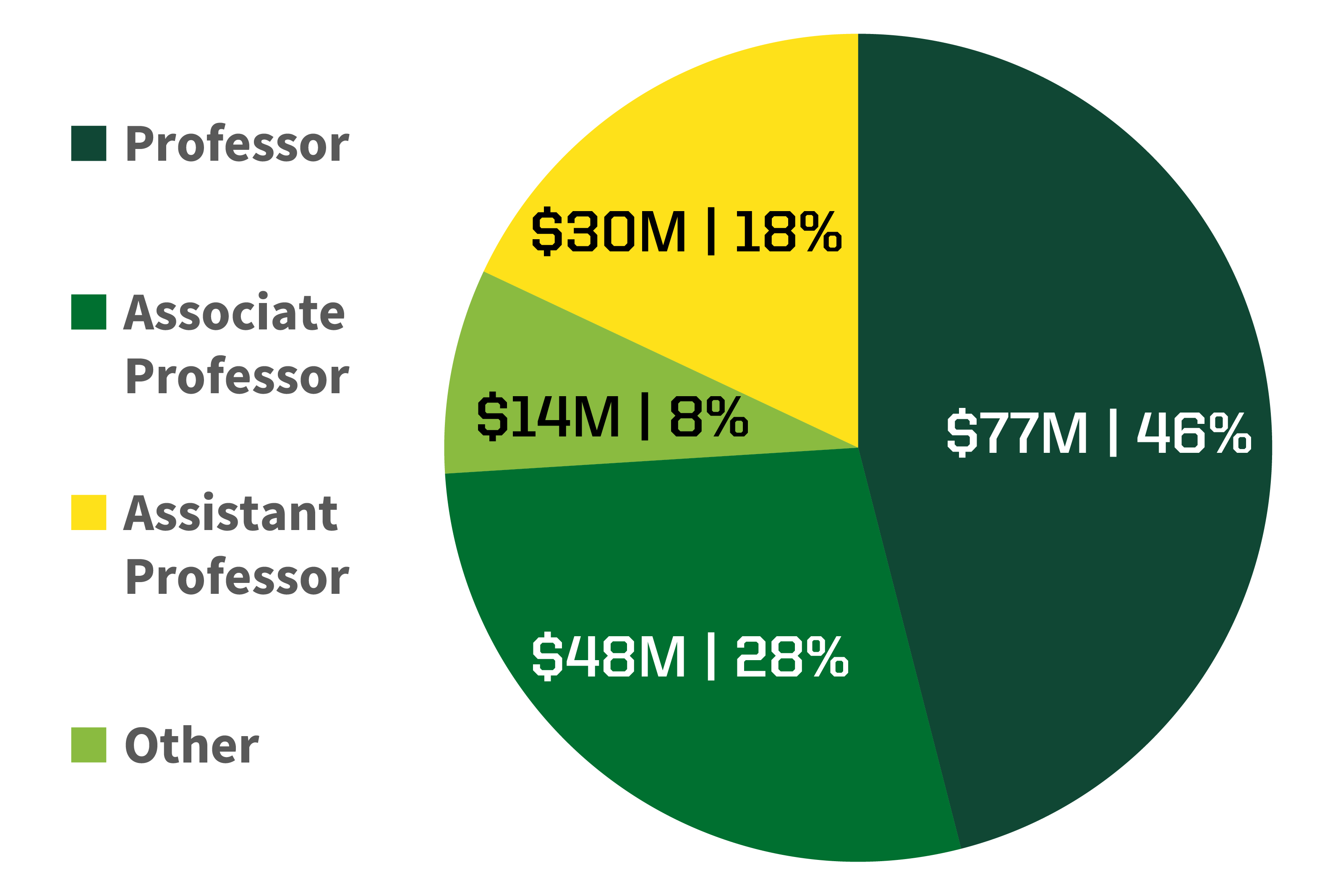 Pie chart of expenditures by faculty rank. Professor: $77M,46%. Associate Professor: $48M, 28%. Assistant Professor: $30M, 18%. Other: $14M, 8%.