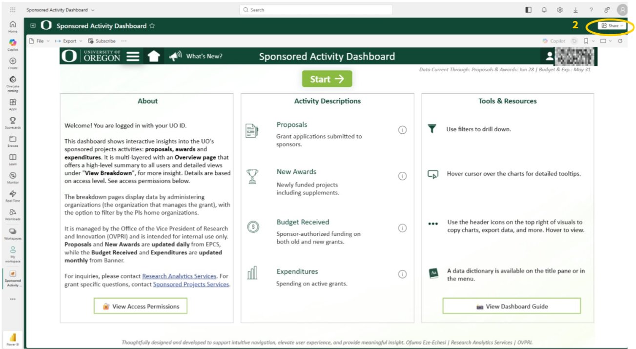Initial Landing Page for Sponsored Activity Dashboard, PowerBI log in, share button circled