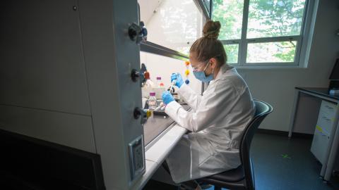 A student wearing a lab coat and eye protection pipettes under a fume hood in a lab.