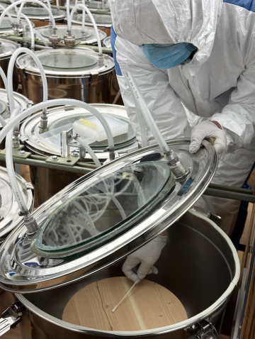 A person in a white hazard suit swaps wood with a q-tip