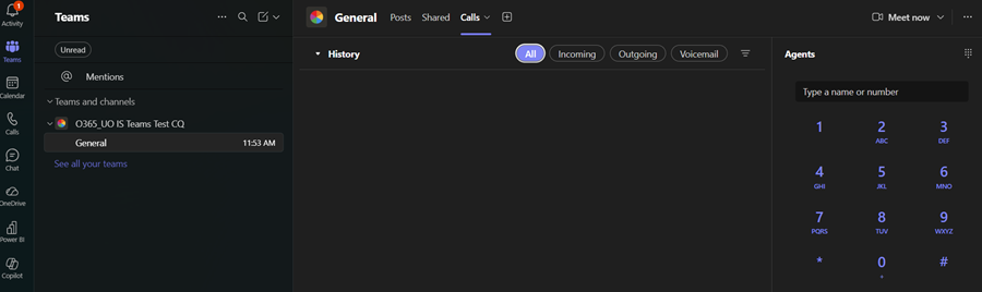 Call queue team selected in the Teams app bar, showing the General channel with the Calls tab and dial pad visible.
