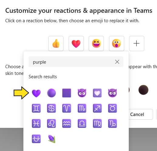 A screenshot of the emoji search pop up in Microsoft Teams. The word purple has been typed into the search box, and a yellow arrow is pointing at the purple heart.