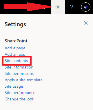 Settings menu for SharePoint with Site contents highlighted.