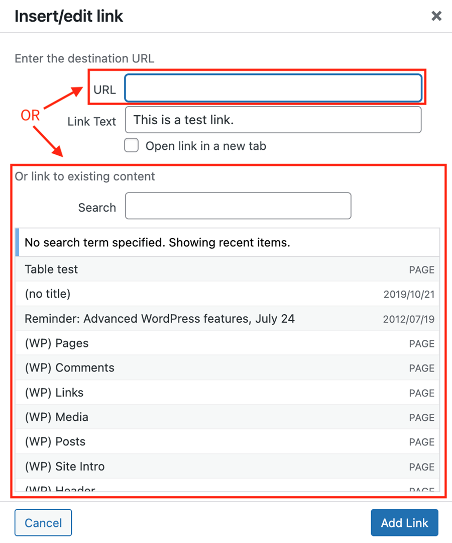 Insert the destination URL or choose from your site's existing content