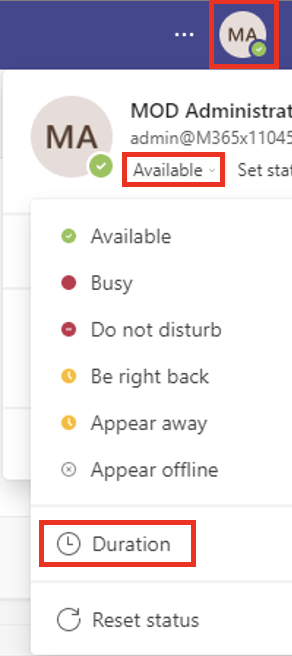 Select the profile avatar, select Status, then select Duration.