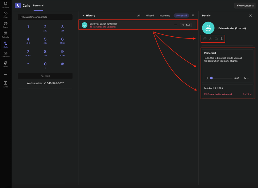 Voicemail message with callback options, transcript, and recording method highlighted.