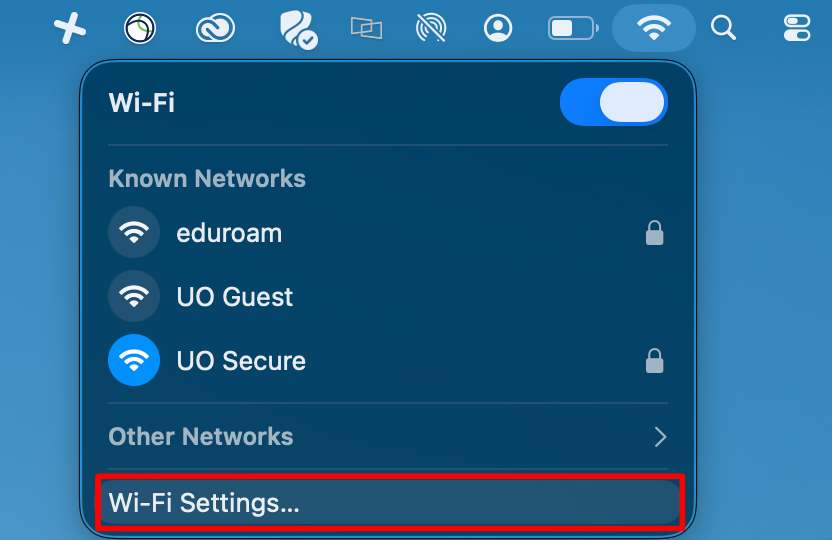 Click to View Full Image Select the standard Wi-Fi icon from the panel at the top right of you screen. Then select 'Wi-Fi Settings...' from the bottom of the dropdown menu.