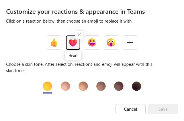 A screenshot of a popup titled Customize your reactions and appearance in Teams. The heart emoji is selected.