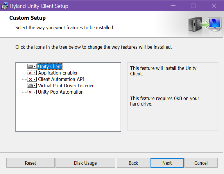 Hyland Unity Client Setup dialog box