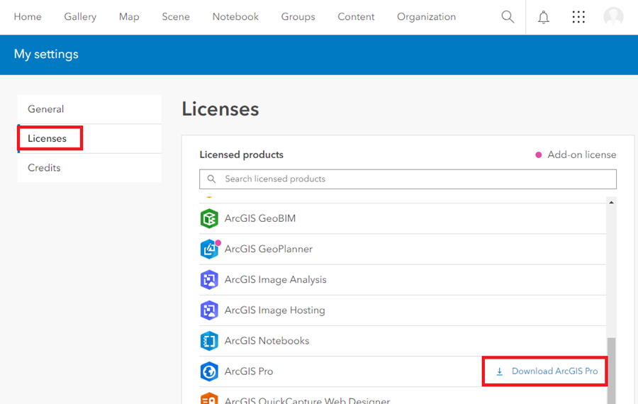 A screenshot of the licenses tab from the ArcGIS Online website. The "Licenses" tab in the left-hand menu is outlined in red. A list of available ArcGIS licenses is prominently displayed, with a link to download ArcGIS Pro also outlined in red.