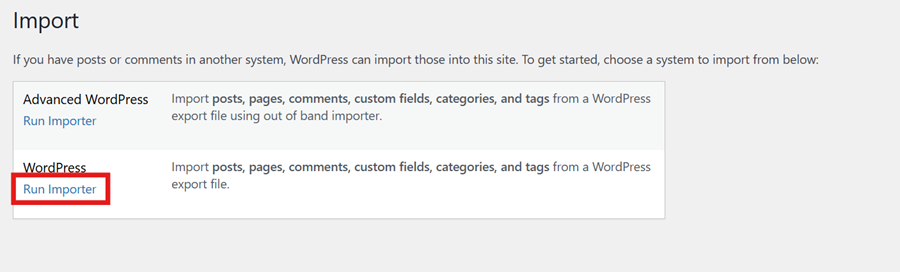 The WordPress import tool with the run importer option highlited