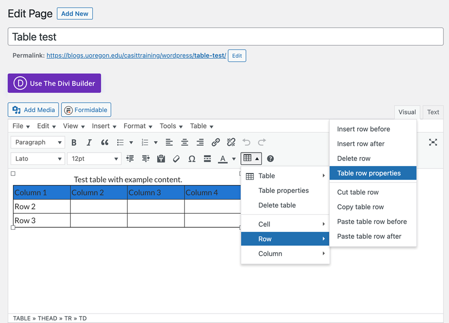 Page editor screen, table options menu, row option, table row properties option highlighted