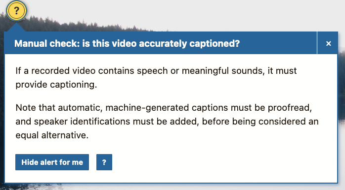 A screenshot of an Editoria11y tooltip window with a manual check alert over an embedded video