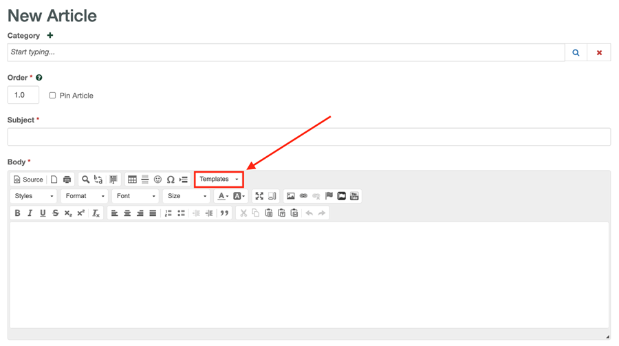 Select the Templates drop-down menu in the editor to choose a template.
