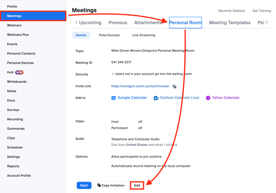 Meetings settings, Personal Room tab