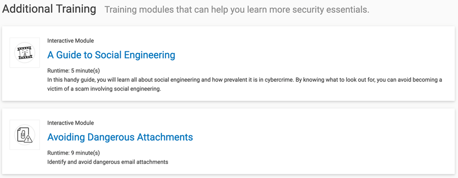 This screen shot shows additional training modules in the Additional Training section