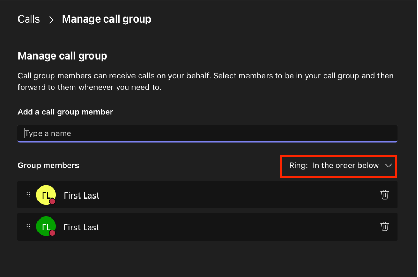 Manage call group with Ring menu highlighted.