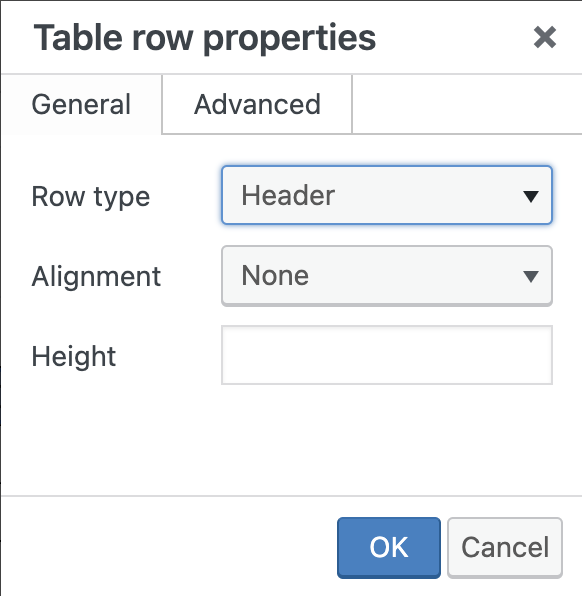 Table row properties window: Row type set to Header, Alignment none