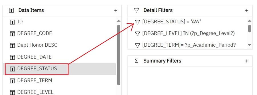 Degree Status highlighted and dragged to the Detail Filters box.